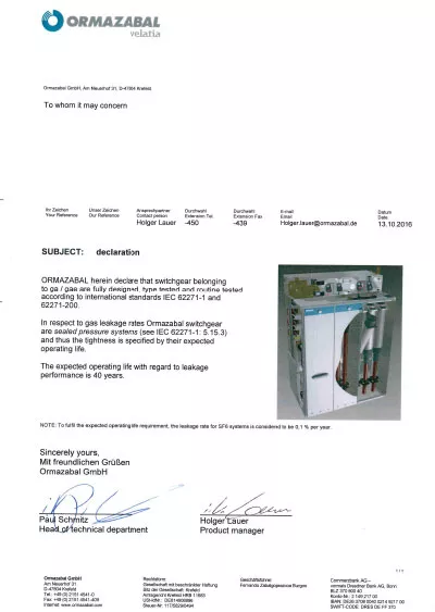 گواهی عدم نشت گاز تابلو GIS به مدت 40 سال